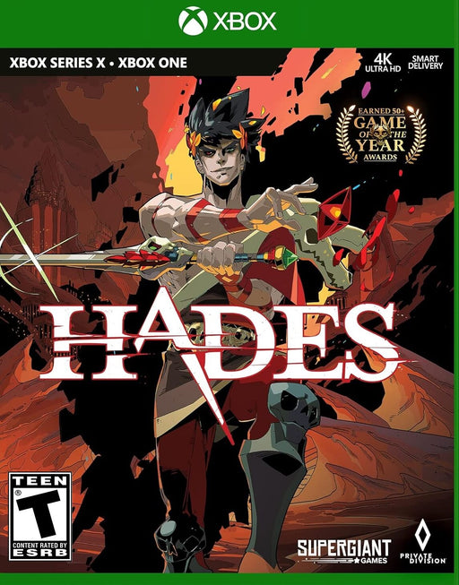 Official cover art for Hades on Xbox One and Xbox Series X|S, available as a digital CD key. The artwork showcases Zagreus, the game's protagonist, wielding a powerful weapon against a fiery underworld backdrop. Buy Hades Xbox digital key now at RushGame.co and experience the award-winning rogue-like dungeon crawler