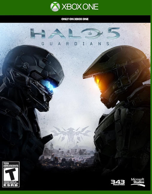 Halo 5: Guardians Xbox One cover art featuring two Spartan soldiers facing off, with their visors glowing blue and orange. Buy your digital Xbox key for Halo 5 at RushGame.co and experience intense first-person shooter action
