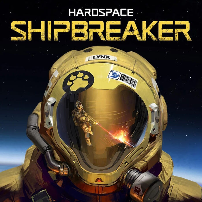 Cover art of Hardspace: Shipbreaker for PC Steam, featuring a close-up of a futuristic yellow space helmet with a reflection of a worker using a laser cutter to dismantle a spaceship. Set against the backdrop of deep space, this sci-fi simulation game challenges players to salvage spacecraft using advanced tools in a zero-gravity environment. Get your Hardspace: Shipbreaker PC Steam CD Key instantly at RushGame.co and start your space salvage career today
