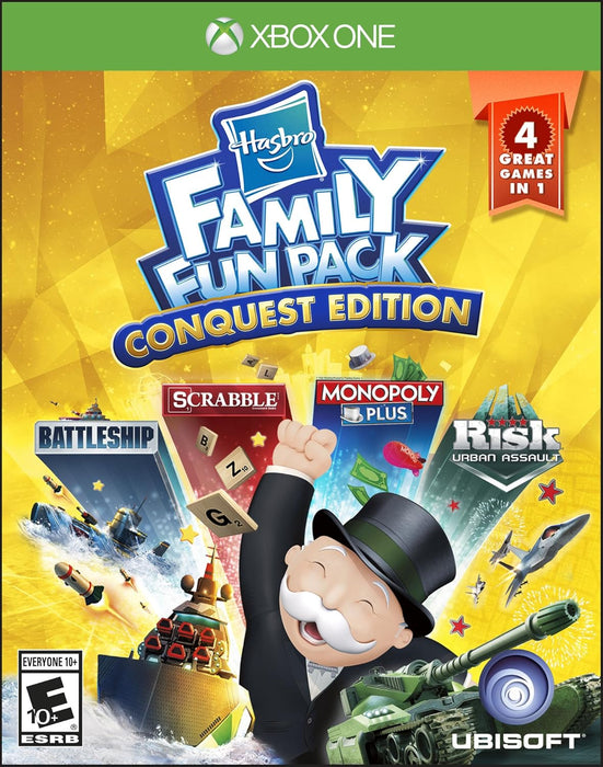 Cover art of Hasbro Family Fun Pack Conquest Edition for Xbox One, featuring a vibrant design with classic board games including Monopoly Plus, Risk: Urban Assault, Scrabble, and Battleship. The cheerful Mr. Monopoly raises his fist in excitement, surrounded by game elements such as Scrabble tiles, battleships, tanks, and dollar bills. This family-friendly collection brings iconic strategy and word games to life on console. Get your Hasbro Family Fun Pack Conquest Edition Xbox One CD Key instantly at RushGa
