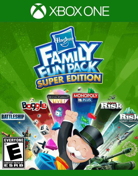 Cover art of Hasbro Family Fun Pack Super Edition for Xbox One, featuring a colorful and dynamic design with classic board games like Monopoly Plus, Risk, Risk: Urban Assault, Trivial Pursuit Live!, Boggle, and Battleship. The cheerful Mr. Monopoly is at the center, surrounded by game elements including dice, Scrabble tiles, tanks, and ships, symbolizing the fun and strategic challenges of this family-friendly collection. Get your Hasbro Family Fun Pack Super Edition Xbox One CD Key instantly at RushGame.co