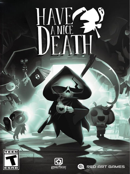 Cover art of Have a Nice Death for PC Steam, featuring a monochrome, hand-drawn style illustration of Death, wearing a cloak and sunglasses while holding a steaming cup of coffee. Behind him, eerie yet charming underworld characters fill the background, creating a darkly humorous atmosphere. This fast-paced roguelike action game lets players take on the role of Death in a corporate setting, fighting through departments of the afterlife. Get your Have a Nice Death PC Steam CD Key instantly at RushGame.co and