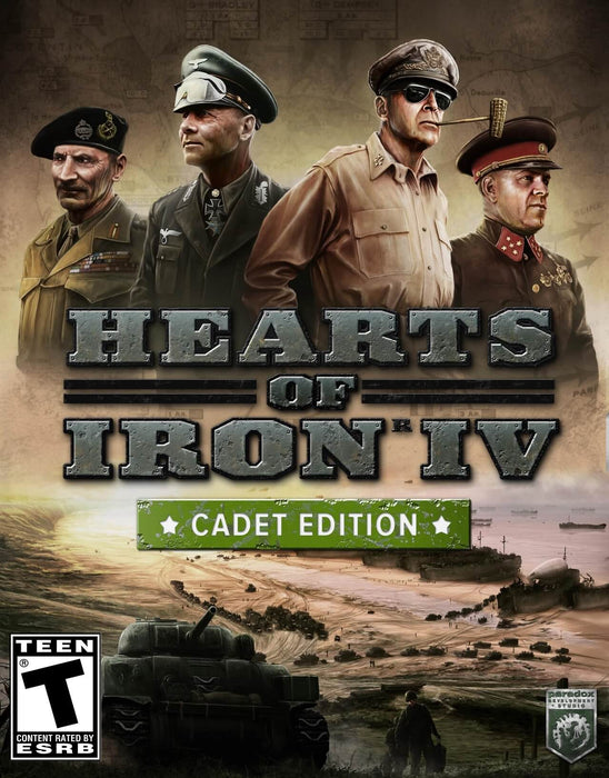 Cover art of Hearts of Iron IV: Cadet Edition for PC Steam, featuring four iconic World War II military leaders—Bernard Montgomery, Erwin Rommel, Douglas MacArthur, and Georgy Zhukov—against a historical war map backdrop. Below, a large-scale invasion scene unfolds with tanks, landing crafts, and soldiers storming the beaches, evoking the intensity of the era. Get your Hearts of Iron IV: Cadet Edition PC Steam CD Key instantly at RushGame.co and lead your forces to victory