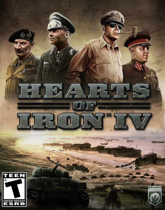 Cover art of Hearts of Iron IV for PC Steam, featuring prominent World War II military leaders, including Bernard Montgomery, Erwin Rommel, Douglas MacArthur, and Georgy Zhukov, standing against a historical war map background. Below them, a dramatic scene of the D-Day invasion unfolds, with tanks, landing craft, and soldiers storming the beach. This grand strategy game lets players rewrite history by leading nations through war, diplomacy, and industrial development. Get your Hearts of Iron IV PC Steam CD 