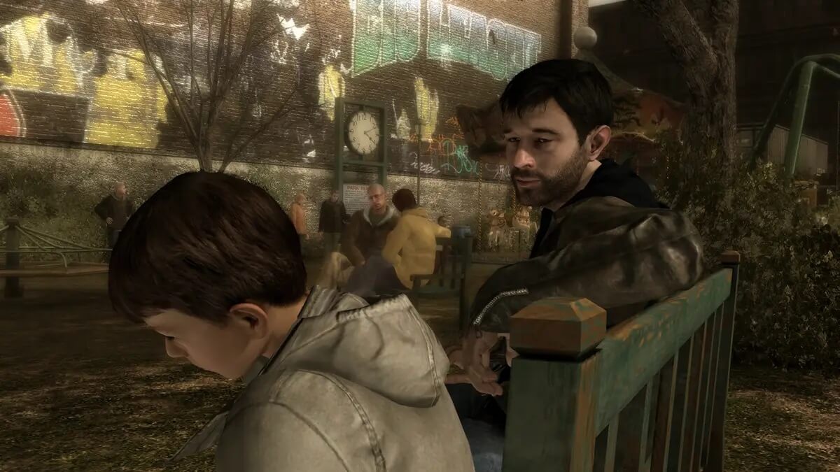 Heavy Rain pc screenshot- Main character having a conversation on a park bench