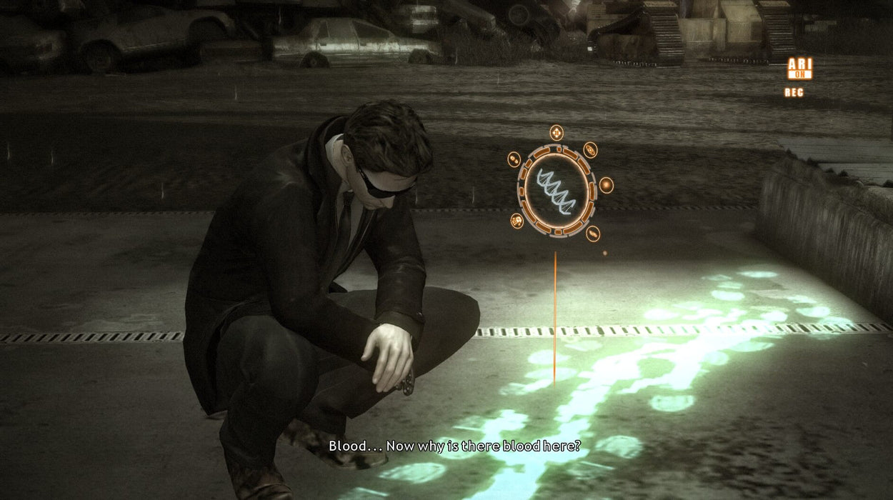 Heavy Rain game pc screenshot - FBI agent examining bloodstains at a scrapyard