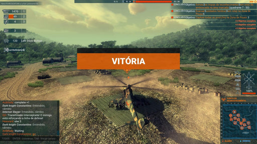 Victory screen from Heliborne on Xbox One, showcasing a landed military helicopter at a remote outpost with a tropical jungle in the background. The mission objectives and completed tasks are displayed on-screen, highlighting the strategic gameplay of this helicopter combat simulator. Experience realistic air combat and team coordination with your Heliborne Xbox One CD Key from RushGame.co