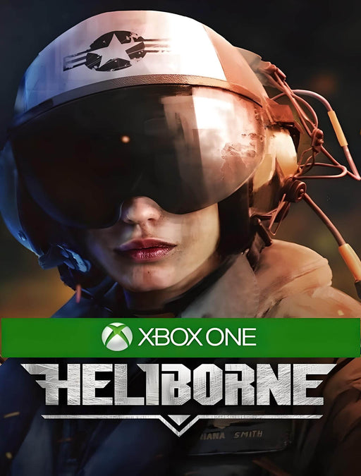 Cover art of Heliborne for Xbox One, featuring a close-up of a determined female helicopter pilot wearing a tactical helmet with a military insignia. The reflection in her visor hints at an intense battlefield, symbolizing the immersive aerial combat experience of the game. Get your Heliborne Xbox One CD Key instantly at RushGame.co and engage in dynamic helicopter warfare