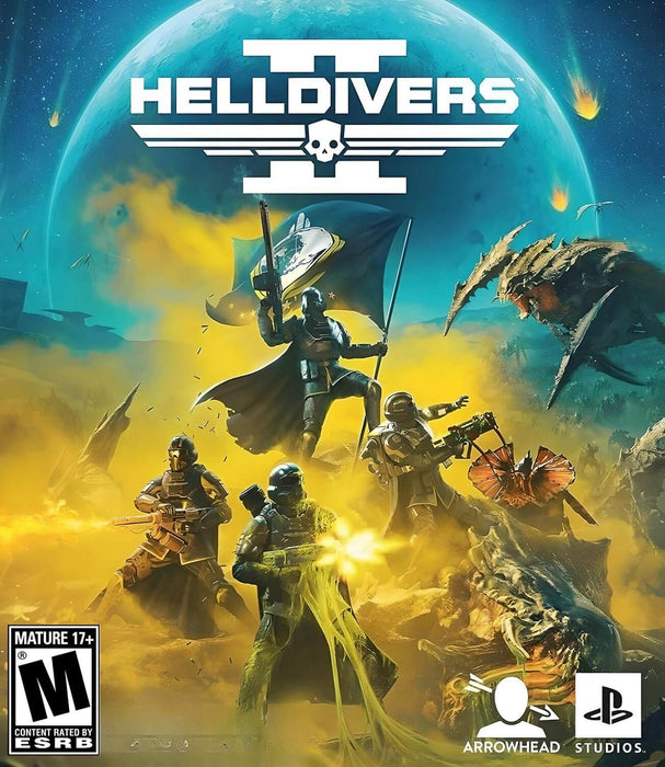 Cover art of HELLDIVERS 2 for PC Steam, featuring an intense battle scene with heavily armored soldiers fighting against monstrous alien creatures. Get your HELLDIVERS 2 PC Steam CD Key instantly at RushGame.co and join the fight to protect humanity in this action-packed co-op shooter