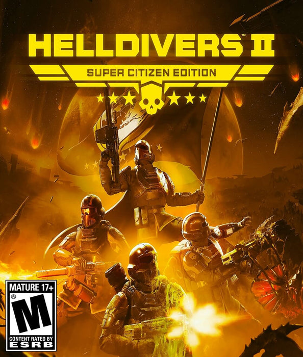 Cover art of HELLDIVERS 2 Super Citizen Edition for PC Steam, featuring an elite squad of Helldivers in golden armor battling against monstrous alien creatures. A soldier proudly raises a flag, while others fire futuristic weapons amidst a chaotic battlefield. The fiery backdrop and meteors raining down add to the intensity of this cooperative shooter. Get your HELLDIVERS 2 Super Citizen Edition PC Steam CD Key instantly at RushGame.co and lead the charge in intergalactic warfare