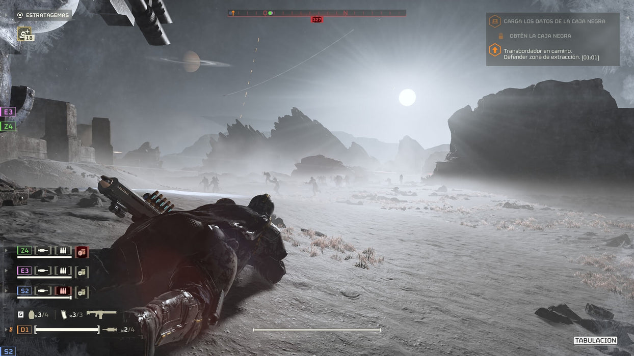 Gameplay screenshot from HELLDIVERS 2 on PC Steam, showing a soldier lying prone on a snowy battlefield, aiming at incoming alien creatures. The harsh, icy environment and a distant spaceship set the tone for intense survival combat. Tactical teamwork is key in this cooperative third-person shooter. Get your HELLDIVERS 2 Super Citizen Edition PC Steam CD Key at RushGame.co and defend humanity against alien threats
