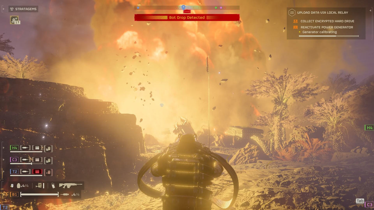 HELLDIVERS 2 gameplay screenshot featuring a massive explosion lighting up the battlefield, with a heavily armored soldier wielding a flamethrower. The environment is engulfed in fire and destruction, highlighting the game's intense combat mechanics. Experience high-octane action with your HELLDIVERS 2 Super Citizen Edition PC Steam CD Key from RushGame.co