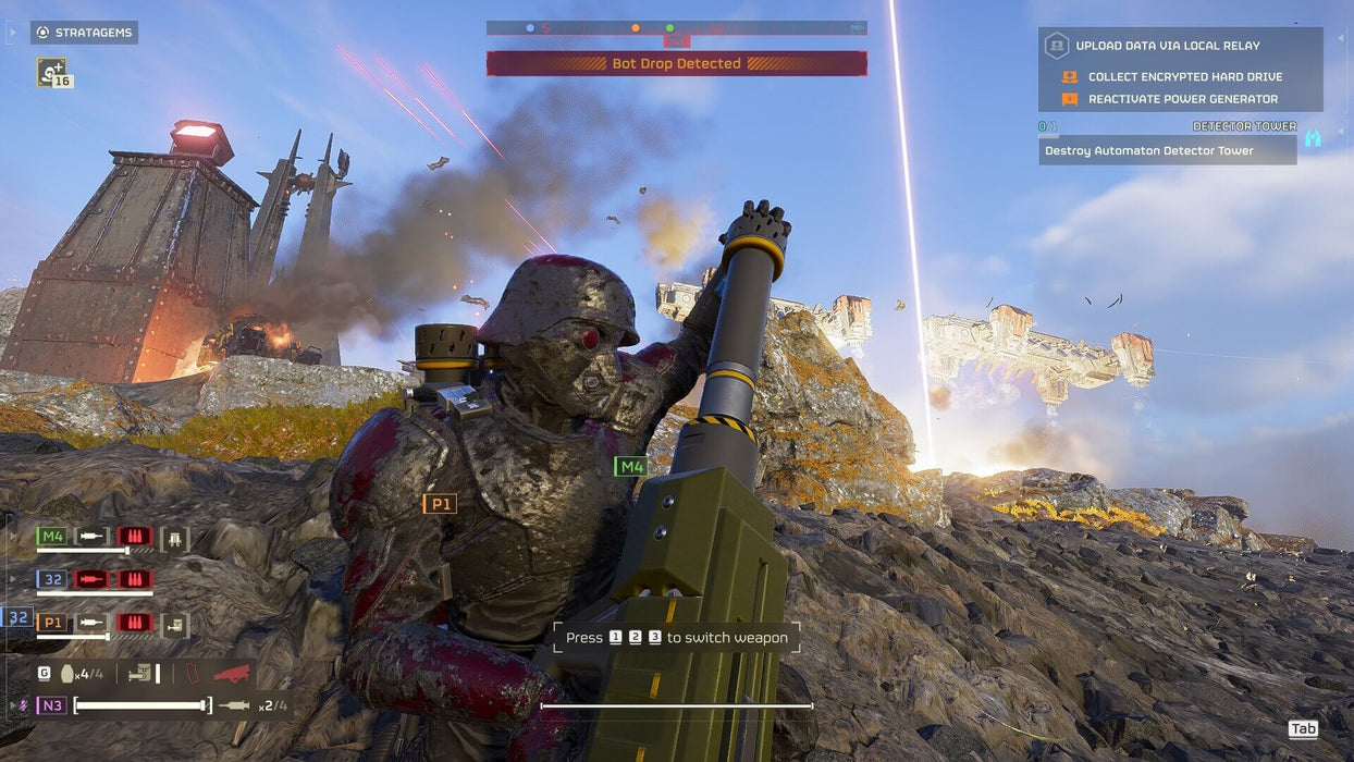 Screenshot from HELLDIVERS 2 on PC Steam, capturing a heavily armored soldier preparing to fire a rocket launcher at an approaching enemy mech. Laser beams and explosions fill the air, creating a chaotic battlefield atmosphere. Engage in strategic combat and futuristic warfare with your HELLDIVERS 2 Super Citizen Edition PC Steam CD Key from RushGame.co