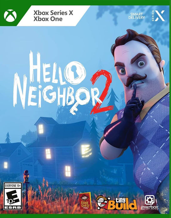Official cover art for Hello Neighbor 2 on Xbox One and Xbox Series X/S. This stealth horror game challenges players to uncover the dark secrets of their suspicious neighbor's house. Available for Windows 10 and 11. Get your digital key at RushGame.co