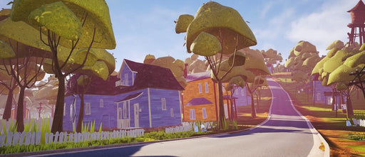 A colorful neighborhood street from Hello Neighbor on Xbox One, with vibrant houses and a winding road leading into the distance. Explore the eerie world of Hello Neighbor with an instant digital key from RushGame.co