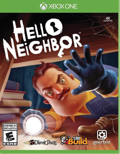 Official cover art of Hello Neighbor for Xbox One and Xbox Series X/S, featuring the mysterious neighbor reaching out with a flashlight in a darkened attic. Get your activation key instantly at RushGame.co