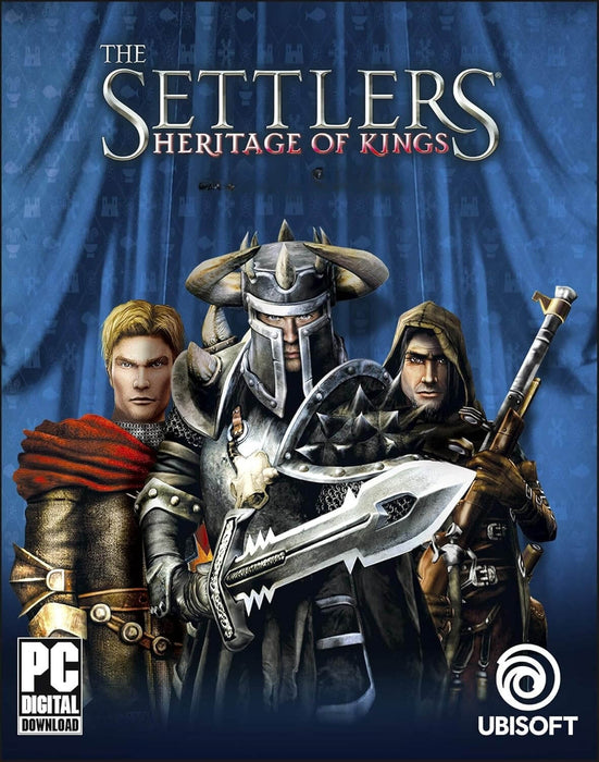 Official cover art of Heritage of Kings: The Settlers for PC, featuring three medieval warriors—a knight in heavy armor, a noble with a red cape, and a hooded rogue—against a blue backdrop. Get your digital GOG CD key instantly at RushGame.co and experience classic real-time strategy gameplay