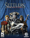 Official cover art of Heritage of Kings: The Settlers for PC, featuring three medieval warriors—a knight in heavy armor, a noble with a red cape, and a hooded rogue—against a blue backdrop. Get your digital GOG CD key instantly at RushGame.co and experience classic real-time strategy gameplay