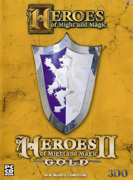 Official cover art of Heroes of Might and Magic II: Gold for PC, featuring a medieval shield with a lion emblem set against a textured yellow background. Experience the classic turn-based strategy game with enhanced content—get your digital GOG CD key instantly at RushGame.co