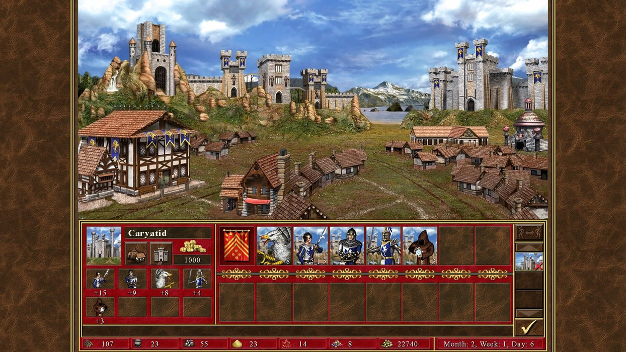 Gameplay Screenshot - Castle Town
In-game screenshot from Heroes of Might & Magic III - HD Edition on PC, showcasing the Castle town screen with medieval buildings, unit recruitment panel, and resource management interface. Build your kingdom and command powerful heroes—get your digital Steam key at RushGame.co
