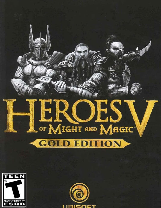 Official cover art of Heroes of Might and Magic V: Gold Edition for PC, featuring a striking black and gold design with three detailed fantasy warriors—a heavily armored knight, a bearded dwarf wielding a massive hammer, and a fierce orc with a curved blade. Experience the epic turn-based strategy game with all expansions—get your Ubisoft Connect CD key instantly at RushGame.co