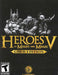 Official cover art of Heroes of Might and Magic V: Gold Edition for PC, featuring a striking black and gold design with three detailed fantasy warriors—a heavily armored knight, a bearded dwarf wielding a massive hammer, and a fierce orc with a curved blade. Experience the epic turn-based strategy game with all expansions—get your Ubisoft Connect CD key instantly at RushGame.co