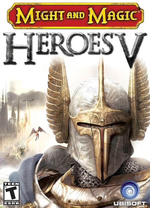 Official cover art of Heroes of Might and Magic V for PC, featuring a close-up of a knight in a golden winged helmet, set against a fantasy battlefield with flying creatures and distant castles. Command epic armies in this iconic strategy game—get your Ubisoft Connect CD key instantly at RushGame.co