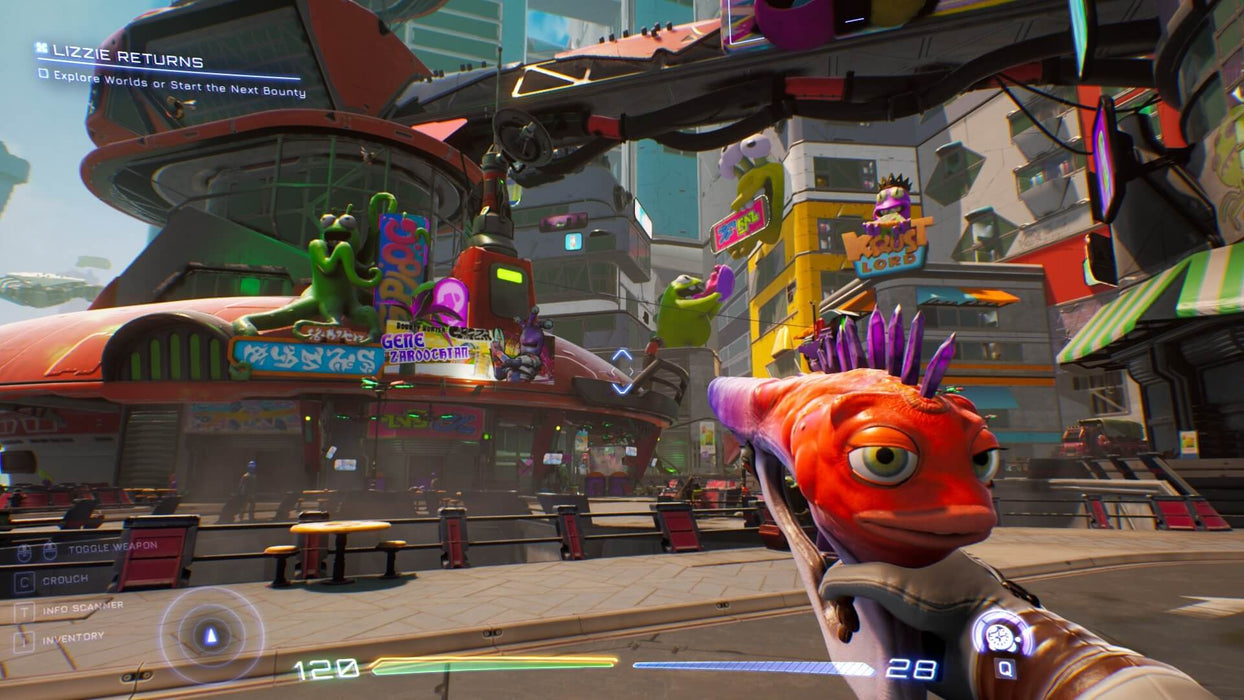 In-game screenshot from High On Life on Xbox/PC showing the player holding a talking alien gun while navigating a vibrant alien city with neon lights and cartoonish characters. Experience comedic sci-fi action—available now at RushGame.co