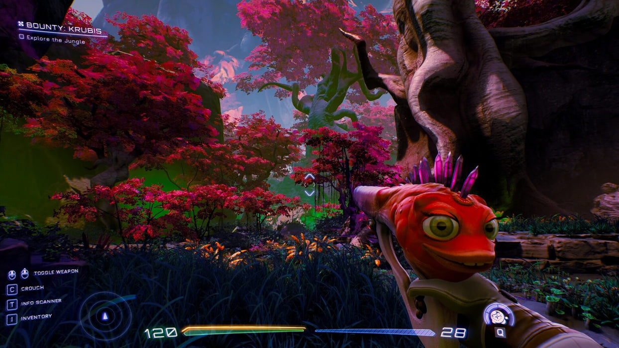 Gameplay Screenshot – Jungle Scene
Colorful jungle environment in High On Life, with the player aiming a sentient weapon while exploring lush, alien flora under glowing trees. Get your digital CD key and start the wild adventure at RushGame.co