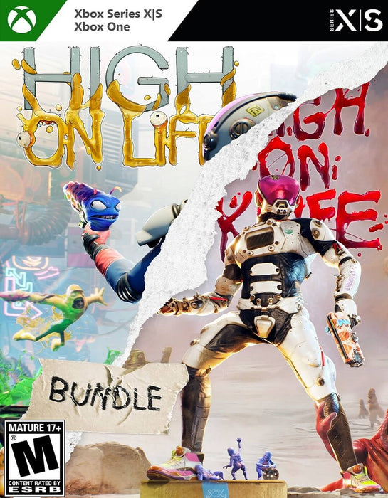 Cover art of High On Life – DLC Bundle for Xbox One, Xbox Series X|S, and PC, featuring split-screen artwork with quirky alien characters, bizarre weapons, and colorful environments. Get your activation key now at RushGame.co and dive into this absurd sci-fi adventure