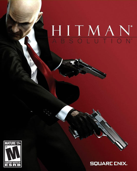 Official cover art of Hitman Absolution for PC Steam, showing Agent 47 in an action pose with dual pistols, wearing his signature black suit, red tie, and gloves against a striking red background. Unleash your stealth and precision—get your Steam CD key instantly at RushGame.co