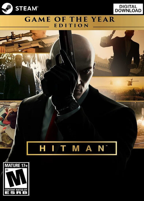 Cover art of HITMAN Game of the Year Edition for PC Steam, featuring Agent 47 holding a pistol in a dramatic pose with a montage of assassination scenes and exotic locations in the background. Step into the shoes of the ultimate assassin—purchase your Steam CD key now at RushGame.co for instant delivery