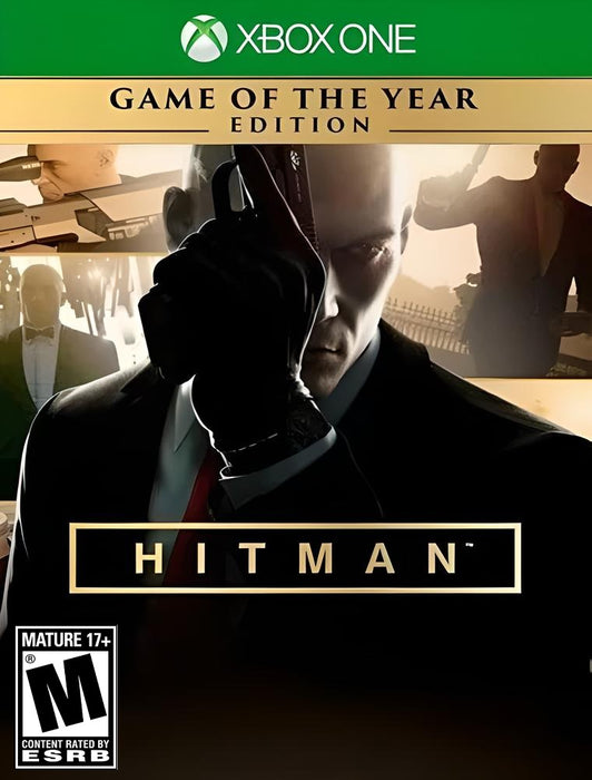Cover art for HITMAN Game of the Year Edition on Xbox One, showcasing Agent 47 in a signature pose with a pistol, surrounded by scenes of espionage, disguises, and tactical assassinations. Grab your Xbox One CD Key (US) today at RushGame.co and experience elite stealth gameplay with instant digital delivery