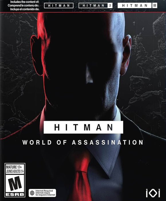 Cover art for HITMAN: World of Assassination for PC, featuring a shadowed silhouette of Agent 47 with a red tie, symbolizing stealth and precision. Includes HITMAN, HITMAN 2, and HITMAN 3. Purchase the Epic Games CD Key now at RushGame.co for instant digital delivery and access to the complete assassination trilogy