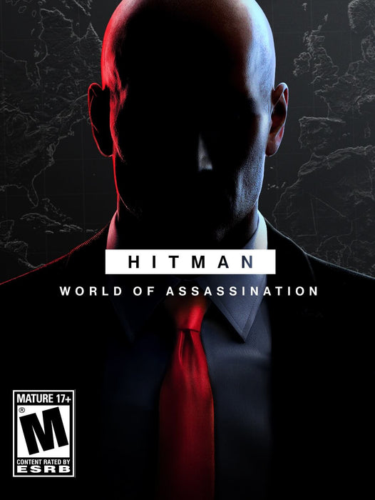 Promotional cover art for HITMAN: World of Assassination on PC Steam, featuring Agent 47 in a dark suit with a red tie, partially shadowed against a world map background. Get your Steam CD Key instantly at RushGame.co and experience the complete assassination trilogy with enhanced gameplay and global missions