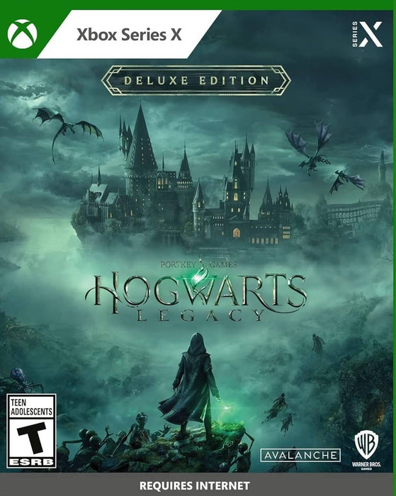 Cover art for Hogwarts Legacy Deluxe Edition on Xbox Series X/S, showing a lone wizard with a glowing wand overlooking the iconic Hogwarts castle shrouded in mist, with dragons flying overhead. Get your digital Xbox key instantly at RushGame.co and step into the magic of the wizarding world