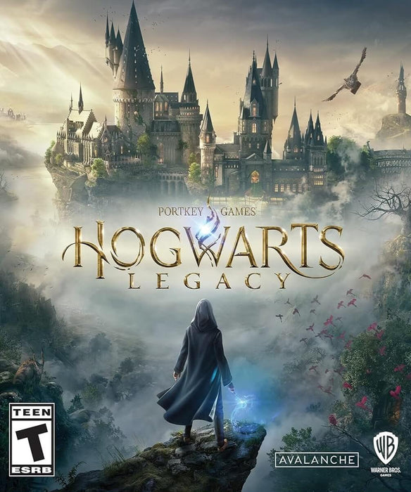Cover art for Hogwarts Legacy PC Steam version, showcasing a cloaked wizard with a glowing wand gazing at the iconic Hogwarts castle bathed in morning light, with magical creatures flying overhead. Get your digital Steam key now at RushGame.co and begin your wizarding adventure today
