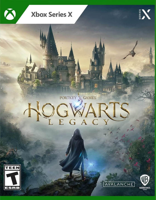 Cover art of Hogwarts Legacy for Xbox Series X|S, showcasing the iconic Hogwarts Castle under a mystical sky with the main character standing on a cliff, holding a glowing wand. Buy this magical fantasy RPG as a digital Xbox key at RushGame.co – instant delivery and secure purchase guaranteed