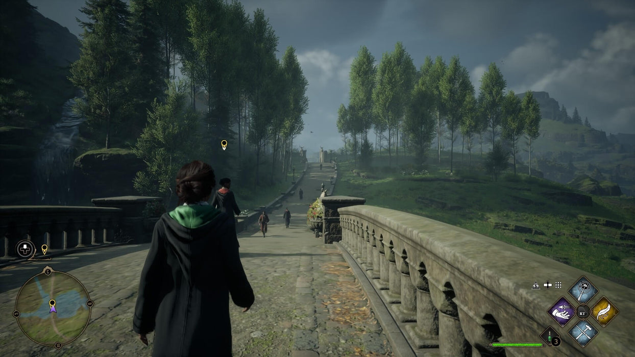 In-game screenshot from Hogwarts Legacy on Xbox Series X|S showing a player walking across a stone bridge surrounded by lush forests and magical landscapes. Discover spellbinding adventures – get your Hogwarts Legacy Xbox key today at RushGame.co with instant digital download.