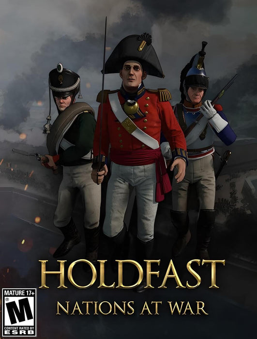 Cover image of Holdfast: Nations At War for PC Steam, featuring three Napoleonic-era soldiers in detailed military uniforms against a smoky battlefield backdrop. Purchase this immersive historical multiplayer warfare game as a digital Steam key now at RushGame.co – fast delivery and secure checkout