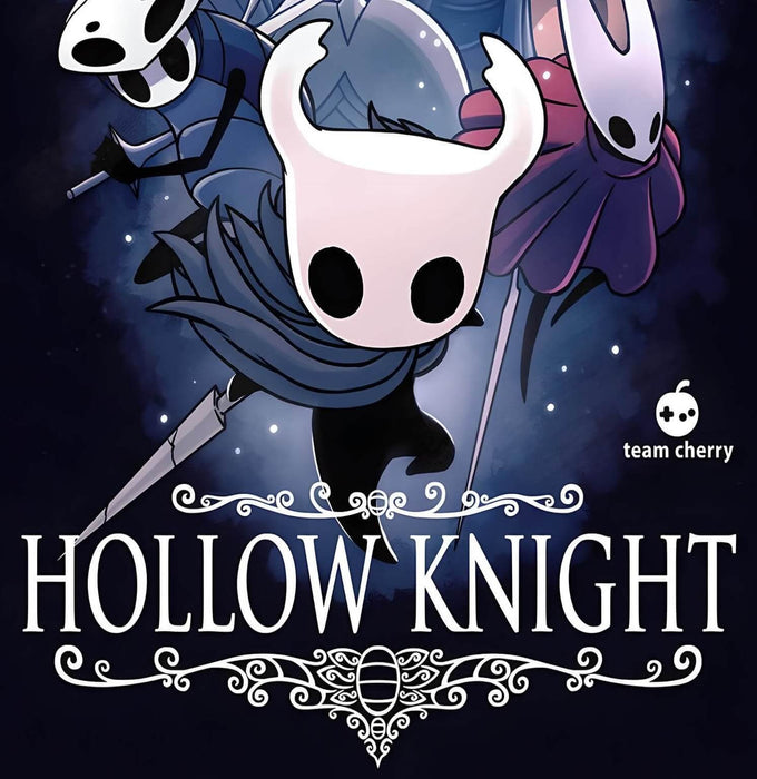 Stylized cover art of Hollow Knight for PC GOG, showcasing the masked protagonist in mid-action pose with other iconic characters in the background, set against a dark, atmospheric backdrop. Buy your Hollow Knight digital key now at RushGame.co – secure delivery and unbeatable price for this award-winning indie adventure