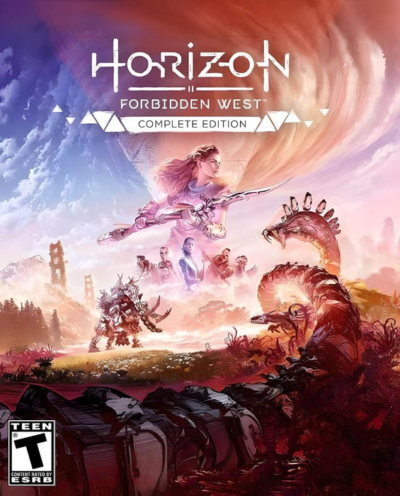Official cover art of Horizon Forbidden West: Complete Edition for PC Steam, featuring Aloy poised for battle with a spear amidst a dynamic background of machine creatures and key characters. This vibrant artwork highlights the rich narrative and mechanical beasts of the game. Buy your Horizon Forbidden West Steam key at RushGame.co and experience the full edition with bonus content and instant digital delivery