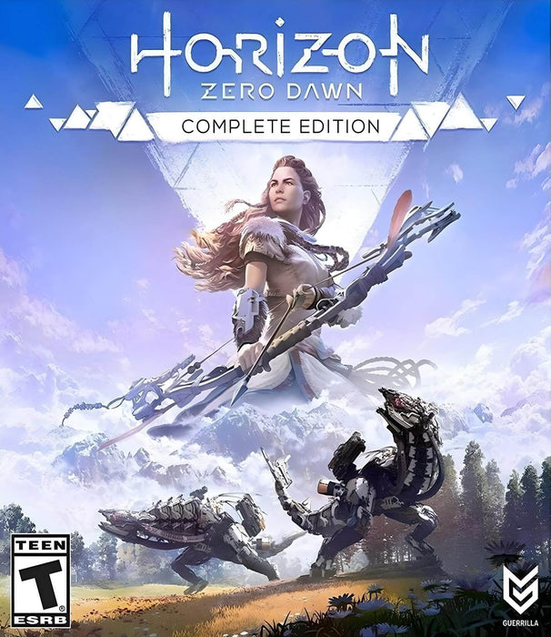Cover art for Horizon Zero Dawn: Complete Edition on PC Steam (US version), showing protagonist Aloy aiming her bow with towering mechanical creatures in the background. The snowy mountain landscape and futuristic enemies emphasize the game’s blend of primitive survival and sci-fi. Buy the official Horizon Zero Dawn Steam CD Key (US) now at RushGame.co for instant digital delivery