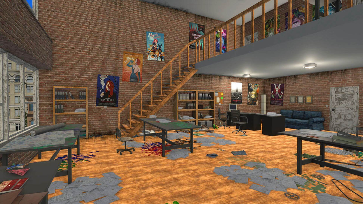 House Flipper Luxury DLC screenshot showing a cluttered loft workspace before renovation, highlighting detailed interior design elements and renovation potential. Purchase your House Flipper Luxury DLC Steam CD Key at RushGame.co for fast digital delivery and immersive gameplay
