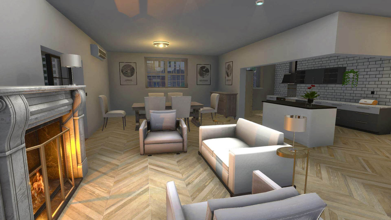 Renovated living room and kitchen area in House Flipper Luxury DLC, featuring modern furniture, a lit fireplace, and stylish decor. Buy House Flipper Luxury DLC Steam CD Key at RushGame.co and start transforming homes with elegance and creativity