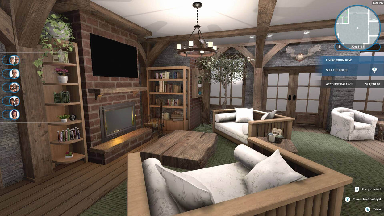 House Flipper Luxury DLC screenshot showing a cozy, fully upgraded rustic living room with wood beams, bookshelves, and ambient lighting. Get your Steam CD Key for House Flipper Luxury DLC today at RushGame.co for instant access and premium design features