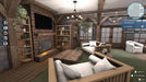 House Flipper Luxury DLC screenshot showing a cozy, fully upgraded rustic living room with wood beams, bookshelves, and ambient lighting. Get your Steam CD Key for House Flipper Luxury DLC today at RushGame.co for instant access and premium design features