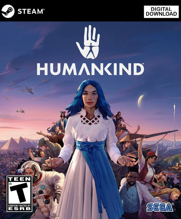 Steam cover art for Humankind PC, featuring a diverse cast of characters from various eras of history. Purchase your Humankind digital download at RushGame.co