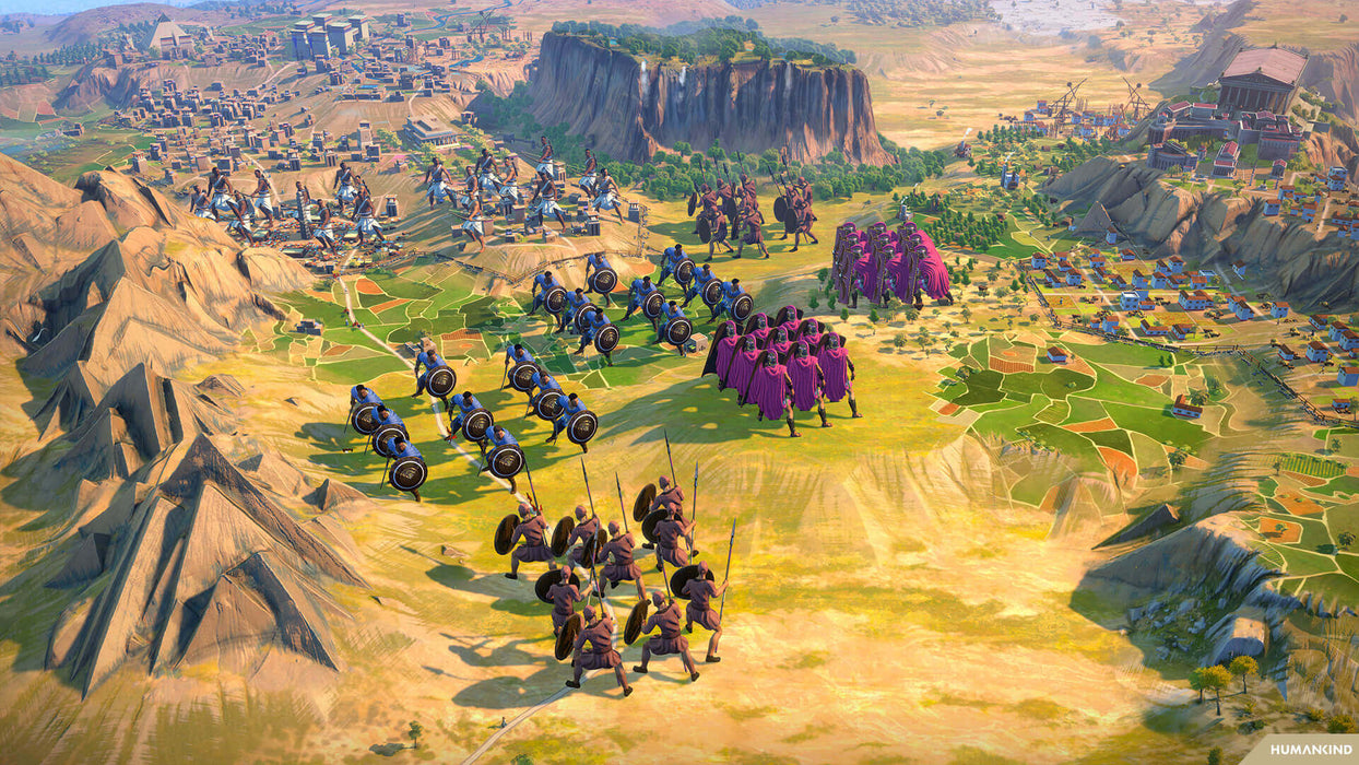 Gameplay screenshot - A strategic battlefield scene from Humankind on PC Steam, showcasing ancient warriors clashing near a mountain city. Buy the Humankind CD key now at RushGame.co for instant digital delivery