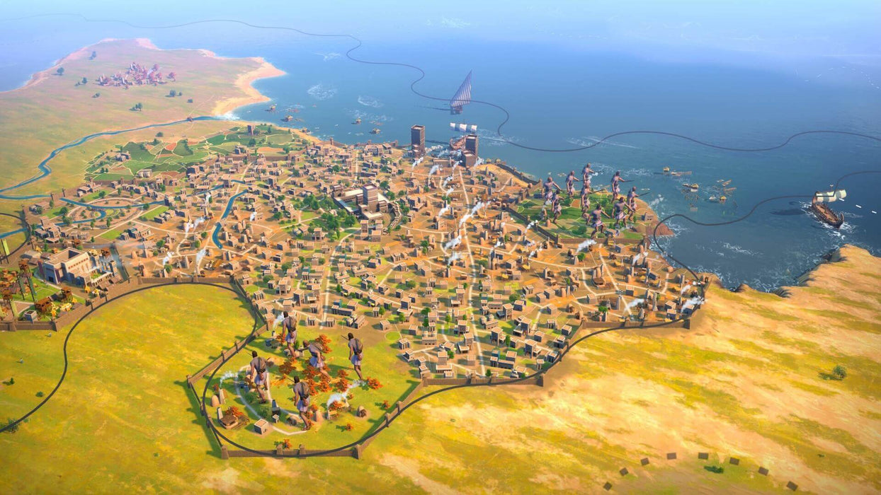 Gameplay screenshot - Expansive cityscape and coastal region in Humankind PC Steam, with trade routes and naval activity. Build your civilization—get the Steam game code now at RushGame.co